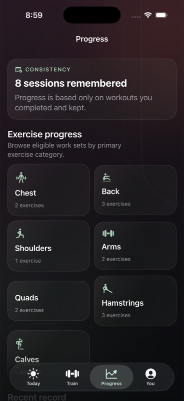 LiftLore Progress screen organized by body part