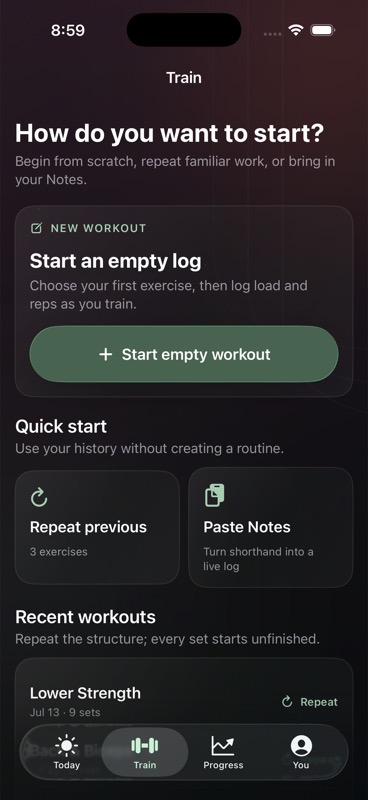 LiftLore Train screen with repeat previous and Paste Notes actions